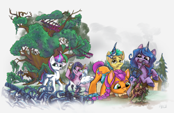 Size: 3400x2200 | Tagged: safe, artist:lytlethelemur, hitch trailblazer, izzy moonbow, pipp petals, rainbow dash, sunny starscout, zipp storm, bird, blue jay, earth pony, pegasus, pony, unicorn, fallout equestria, g5, discord lamp, doctor who, doll, food, golden oaks library, gun, handgun, high res, implied doctor whooves, implied scootaloo, jar, katana, lewd container meme, little macintosh, mane five, mannequin, mouth hold, muffin, pistol, ponyville, revolver, ruins, scepter, scooter, selfie, shed, shovel, sword, tardis, toy, twilight scepter, vine, weapon