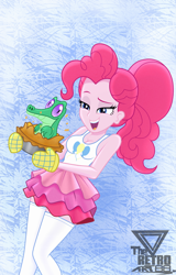 Size: 1350x2109 | Tagged: safe, artist:theretroart88, gummy, pinkie pie, equestria girls, g4, clothes, food, gloves, open mouth, pie, rah rah skirt, skirt