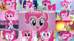 Size: 4350x2449 | Tagged: safe, edit, edited screencap, editor:quoterific, screencap, pinkie pie, earth pony, pony, a friend in deed, bats!, g4, green isn't your color, honest apple, make new friends but keep discord, pinkie pride, season 1, season 2, season 3, season 4, season 5, season 6, season 7, season 8, sweet and elite, the crystalling, the last laugh, the mane attraction, the ticket master, too many pinkie pies, yakity-sax, :o, bagpipes, bipedal, breaking the fourth wall, collage, confetti, cute, diapinkes, eyes closed, female, floppy ears, mare, musical instrument, open mouth, open smile, party cannon, pinkie pie day, smiling, solo, twilight's castle, ukulele, yovidaphone