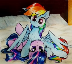 Size: 2985x2634 | Tagged: safe, artist:liaaqila, rainbow dash, twilight sparkle, alicorn, pegasus, pony, g4, bed, chest fluff, commission, cute, duo, duo female, eye clipping through hair, female, high res, lesbian, looking at you, lying down, lying on bed, mare, on back, on bed, ship:twidash, shipping, signature, spread wings, traditional art, twilight sparkle (alicorn), wings
