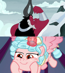 Size: 1280x1440 | Tagged: safe, edit, edited screencap, screencap, cozy glow, lord tirek, alicorn, pony, frenemies (episode), g4, the ending of the end, admiring, alicornified, bedroom eyes, cozycorn, female, hunk, kissing, male, muscles, precocious crush, race swap, ship:cozirek, shipping, shipping domino, straight, stupid sexy tirek