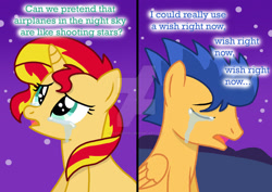 Size: 1920x1358 | Tagged: safe, artist:autisticeli, flash sentry, sunset shimmer, pony, unicorn, g4, aeroplanes and meteor showers, airplanes (song), crying, eyes closed, female, male, mare, meme, open mouth, ship:flashimmer, shipping, stallion, straight