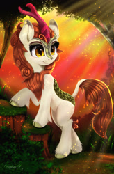 Size: 1680x2560 | Tagged: safe, artist:darksly, autumn blaze, kirin, sounds of silence, awwtumn blaze, crepuscular rays, cute, female, grass, high res, looking at you, nature, scenery, solo, tree