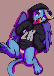 Size: 832x1158 | Tagged: safe, artist:kam, gallus, griffon, g4, clothes, hoodie, looking at you, male, paw pads, solo, text, wings