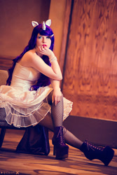 Size: 1280x1920 | Tagged: safe, artist:littlemissbloo, rarity, human, g4, bare shoulders, clothes, cosplay, costume, female, irl, irl human, photo, sitting, sleeveless, solo