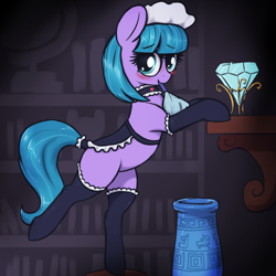 Size: 3000x3000 | Tagged: safe, alternate version, artist:t72b, tote bag (g4), earth pony, pony, g4, balancing, bipedal, bipedal leaning, blushing, choker, clothes, diamond, duster, eyebrows, eyebrows visible through hair, female, frilly, high res, leaning, looking at you, maid, maid headdress, mare, mouth hold, smiling, socks, solo, stockings, tail, tail wrap, thigh highs