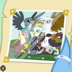 Size: 1920x1920 | Tagged: safe, artist:facelessjr, gabby, gilda, gimme moore, giselle, greta, irma, natalya, oc, oc:princess gaia, griffon, g4, adventure in the comments, alternate mane six, alternate universe, bunny ears (gesture), cute, featured image, female, folded wings, friendship report, gabbybetes, gildadorable, gretadorable, griffon oc, group, group photo, letter, lying down, mane six opening poses, my little griffon, ocbetes, one eye closed, parody, photo, prone, raised arm, shadow, smiling, spread wings, standing, story in the comments, story included, sweet dreams fuel, talons, watermark, when she smiles, wings, wings down, wink