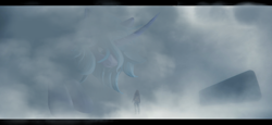 Size: 2340x1080 | Tagged: safe, artist:rainsketch, princess luna, alicorn, human, pony, g4, arrival (movie), curved horn, fog, horn, long horn, size difference