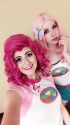 Size: 540x960 | Tagged: safe, artist:littlemissbloo, artist:sarahndipity cosplay, fluttershy, pinkie pie, human, equestria girls, g4, my little pony equestria girls: legend of everfree, camp everfree outfits, clothes, cosplay, costume, irl, irl human, photo