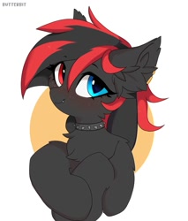 Size: 1707x2000 | Tagged: source needed, safe, artist:butterbit, oc, oc only, oc:sharpe, bat pony, pony, bat pony oc, bust, choker, commission, cute, ear fluff, fangs, female, freckles, heterochromia, looking at you, mare, piercing, portrait, simple background, solo, spiked choker, white background, ych result