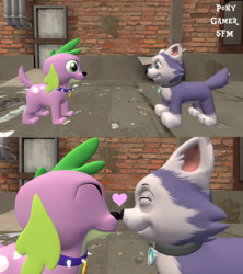 Size: 1280x1440 | Tagged: safe, artist:php170, spike, spike the regular dog, dog, husky, equestria girls, g4, 3d, blushing, bonding, boop, collar, crossover, crossover shipping, cute, everest (paw patrol), eye contact, eyes closed, female, heart, kissing, looking at each other, love, male, nose to nose, nose wrinkle, noseboop, nuzzling, paw patrol, paws, puppy, shipping, smiling, source filmmaker, spikabetes, spike the dog, spike's dog collar, spikerest, straight, tail, team fortress 2