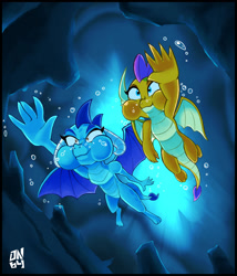 Size: 1920x2245 | Tagged: safe, artist:darkneon-64, princess ember, smolder, dragon, g4, bubble, cave, commission, dragoness, duo, duo female, female, holding breath, looking up, puffy cheeks, signature, swimming, underwater, water, wings
