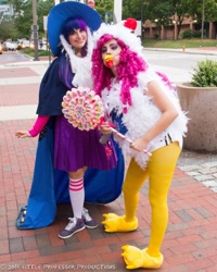 Size: 1080x1350 | Tagged: safe, artist:littleprofessorproductions, artist:sarahndipity cosplay, artist:shelbeanie, pinkie pie, twilight sparkle, human, g4, animal costume, chicken pie, chicken suit, clothes, cosplay, costume, irl, irl human, lollichop, photo, star swirl the bearded costume