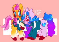 Size: 1435x1032 | Tagged: safe, artist:axollungz, izzy moonbow, sunny starscout, earth pony, pony, unicorn, g5, my little pony: a new generation, abstract background, clothes, coat markings, colored hooves, duo, female, hi new friend, jacket, mare, netflix, open mouth, raised hoof, simple background, socks (coat markings), squid game