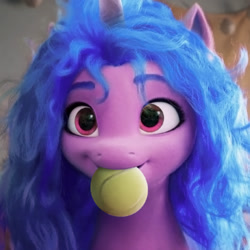Size: 920x920 | Tagged: safe, edit, edited screencap, editor:lolledits, screencap, izzy moonbow, pony, unicorn, g5, my little pony: a new generation, spoiler:my little pony: a new generation, ball, bed mane, behaving like a dog, cute, female, izzy's tennis ball, izzybetes, messy mane, mouth hold, palette swap, recolor, solo, tennis ball, that pony sure does love tennis balls