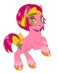 Size: 1019x1274 | Tagged: safe, artist:sunnyvale, oc, oc only, oc:sunny vale, earth pony, pony, g5, bow, female, hair bow, headband, mare, rearing, simple background, smiling, solo, tail, tail bow, white background