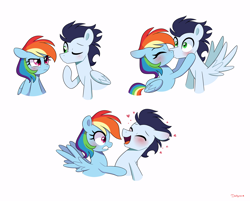 Size: 3600x2900 | Tagged: safe, artist:darkynez, rainbow dash, soarin', pegasus, pony, g4, blushing, eyes closed, female, frown, heart, high res, kiss on the lips, kissing, male, mare, one eye closed, open mouth, open smile, ship:soarindash, shipping, simple background, smiling, spread wings, stallion, straight, tsunderainbow, tsundere, white background, wings