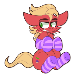 Size: 1090x1080 | Tagged: safe, artist:saveraedae, sprout cloverleaf, earth pony, pony, g5, my little pony: a new generation, blushing, cheek fluff, clothes, cute, embarrassed, floppy ears, gritted teeth, looking offscreen, male, neck fluff, purple socks, socks, solo, sprout is not amused, sproutbetes, stallion, striped socks