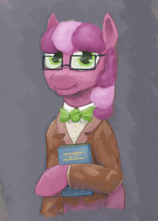 Size: 1250x1750 | Tagged: safe, anonymous artist, cheerilee, earth pony, pony, g4, book, bowtie, clothes, female, glasses, looking at you, mare, ponybooru import, simple background, solo, suit