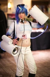 Size: 626x960 | Tagged: safe, artist:littlemissbloo, dj pon-3, vinyl scratch, human, g4, belly button, clothes, cosplay, costume, headphones, irl, irl human, photo