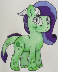 Size: 1280x1586 | Tagged: safe, artist:matbenetti17, oc, oc only, oc:nephrite drop, dracony, hybrid, fangs, female, filly, horns, interspecies offspring, offspring, parent:rarity, parent:spike, parents:sparity, slit pupils, solo, traditional art