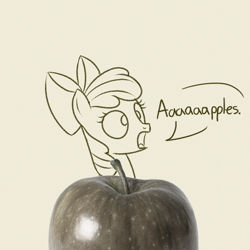Size: 1200x1200 | Tagged: safe, artist:dtcx97, apple bloom, earth pony, pony, g4, apple, female, filly, food, solo, speech bubble