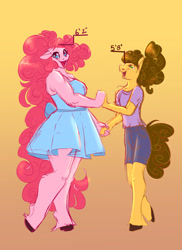 Size: 1400x1925 | Tagged: safe, artist:unfinishedheckery, cheese sandwich, pinkie pie, earth pony, anthro, unguligrade anthro, g4, breasts, clothes, digital art, dress, duo, female, looking at you, male, open mouth, ship:cheesepie, shipping, shirt, shorts, straight, tail, thighs