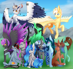 Size: 5290x5000 | Tagged: safe, artist:ermy-poo, oc, oc only, alicorn, pony, unicorn, alicorn oc, choker, clothes, horn, outdoors, scarf, spread wings, wings