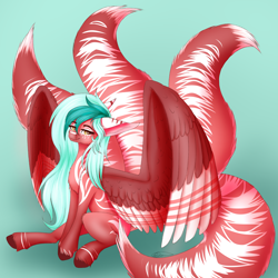 Size: 3000x3000 | Tagged: safe, artist:ermy-poo, oc, oc only, kitsune, kitsune pony, original species, pegasus, pony, colored wings, female, fox tail, high res, mare, multiple tails, sitting, solo, spread wings, tail, two toned wings, wings