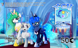 Size: 1024x635 | Tagged: safe, artist:dormin-dim, princess celestia, princess luna, oc, alicorn, earth pony, pegasus, pony, unicorn, g4, commission, royal sisters, royalty, siblings, sisters, throne, throne room, your character here