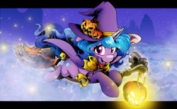 Size: 1024x635 | Tagged: safe, artist:dormin-dim, izzy moonbow, pony, unicorn, g5, my little pony: a new generation, spoiler:my little pony: a new generation, broom, clothes, commission, costume, flying, flying broomstick, halloween, halloween costume, hat, holiday, jack-o-lantern, nightmare night, pumpkin, solo, witch, witch hat, ych result