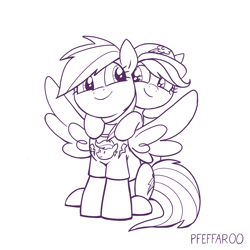 Size: 2048x2048 | Tagged: safe, artist:pfeffaroo, rainbow dash, scootaloo, pegasus, pony, g4, baseball cap, cap, clothes, duo, duo female, female, filly, foal, hat, high res, looking at each other, looking at someone, mare, monochrome, ponies riding ponies, rainbow dash's cutie mark, riding, scootaloo riding rainbow dash, scootalove, shirt, signature, simple background, sisterly love, sitting, smiling, spread wings, t-shirt, white background, wings
