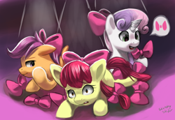 Size: 1276x876 | Tagged: safe, artist:moonseeker, apple bloom, scootaloo, sweetie belle, earth pony, pegasus, pony, unicorn, g4, bow, cutie mark crusaders, ears back, female, filly, pictogram, varying degrees of want