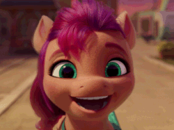 Size: 734x550 | Tagged: safe, screencap, sunny starscout, earth pony, pony, g5, my little pony: a new generation, spoiler:my little pony: a new generation, animated, bag, blurry background, braid, close-up, cropped, cute, excited, eyebrows, female, gif, looking at you, mare, maretime bay, open mouth, open smile, running, satchel, smiling, solo, sunnybetes, volumetric mouth