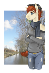 Size: 983x1475 | Tagged: safe, artist:royvdhel-art, oc, oc only, earth pony, anthro, clothes, crossed arms, earth pony oc, hat, outdoors, pants, solo