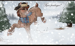 Size: 3549x2207 | Tagged: safe, artist:royvdhel-art, oc, oc only, earth pony, pony, clothes, earth pony oc, hat, high res, one eye closed, outdoors, scarf, snow, tree, wink