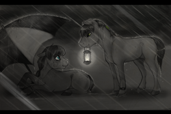 Size: 1600x1070 | Tagged: safe, artist:royvdhel-art, oc, oc only, earth pony, pony, duo, earth pony oc, female, lantern, looking back, mare, mouth hold, rain