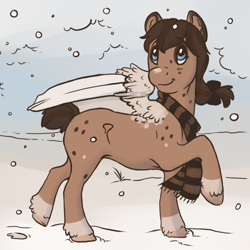 Size: 500x500 | Tagged: safe, artist:royvdhel-art, oc, oc only, pegasus, pony, clothes, looking back, pegasus oc, raised hoof, scarf, smiling, snow, snowfall, solo, wings