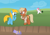 Size: 5940x4200 | Tagged: safe, artist:candy meow, oc, oc only, oc:olga ulfstig, oc:pyrite, oc:swift, earth pony, pegasus, pony, legends of equestria, :t, absurd resolution, broken vase, bush, clothes, cloud, digital art, ditch, earth pony oc, female, folded wings, frown, game, glasses, grass, grass field, group, hairclip, heartlands, hill, male, mane, mare, npc, pegasus oc, raised hoof, satchel, shadow, shirt, show accurate, sky, smiling, smirk, stallion, standing, tail, trio, two toned mane, two toned tail, vase, video game, wall of tags, wings