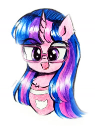 Size: 777x1028 | Tagged: safe, artist:liaaqila, oc, oc only, oc:hsu amity, pony, unicorn, chest fluff, cute, female, glasses, looking at you, mare, not twilight sparkle, request, smiling, solo, traditional art
