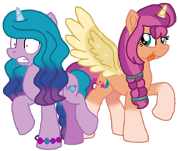 Size: 1127x954 | Tagged: safe, artist:徐詩珮, izzy moonbow, sunny starscout, alicorn, pony, unicorn, g4, g5, my little pony: a new generation, alicorn sunny, backwards cutie mark, bracelet, braid, coat markings, duo, duo female, female, g5 to g4, generation leap, gritted teeth, horn, jewelry, mare, multicolored mane, multicolored tail, race swap, raised hoof, raised leg, shrunken pupils, simple background, socks (coat markings), spread wings, standing, standing on two hooves, sunnycorn, tail, teal eyes, tongue out, transparent background, two toned mane, two toned tail, wings