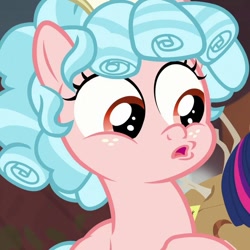 Size: 720x720 | Tagged: safe, screencap, cozy glow, pegasus, pony, frenemies (episode), g4, season 9, :o, better way to be bad, cozybetes, cute, female, filly, freckles, open mouth, poggers, red eyes, solo, two toned mane