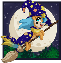 Size: 772x800 | Tagged: safe, artist:happy-go-creative, oc, oc only, oc:nozzlita, pony, broom, commission, hat, moon, night, nightmare night, solo, stars, witch, witch hat, ych result