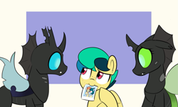 Size: 1471x887 | Tagged: safe, artist:icey, oc, oc:apogee, oc:delta vee, oc:jet stream, changeling, pegasus, pony, feels, female, green changeling, male, mouth hold, photo, sad