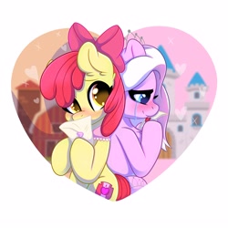 Size: 3000x3000 | Tagged: safe, artist:oofycolorful, artist:splashofsweet, apple bloom, diamond tiara, earth pony, pony, g4, adorabloom, base used, blushing, bow, castle, crying, cute, diamondbetes, female, filly, foal, heart, high res, jewelry, lesbian, love letter, mare, ponytober, ship:diamondbloom, shipping, sweet apple acres, tiara