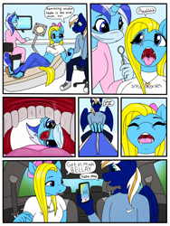 Size: 3000x4000 | Tagged: safe, artist:smallhorses, minuette, oc, oc:cuteamena, oc:electric blue, pegasus, anthro, plantigrade anthro, g4, bow, branding, car, cellphone, converse, dentist, drool, drugged, electricute, feet, female, gloves, implied vore, laughing, mask, mawshot, mouth cam, nervous, nike, numb, open mouth, phone, recording, rubber gloves, sandals, shipping, shoes, slice of life, sneakers, surgery, teeth, thought bubble, uvula