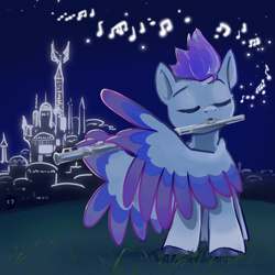 Size: 2048x2048 | Tagged: safe, artist:pfeffaroo, zipp storm, pegasus, pony, g5, my little pony: a new generation, adorazipp, blowing flute, colored hooves, colored wings, cute, eyes closed, female, flute, grass, high res, mare, music, music notes, musical instrument, night, outdoors, playing music, sitting, solo, wing hands, wing hold, wings, zephyr heights