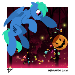 Size: 3000x3000 | Tagged: safe, artist:supermoix, oc, oc only, pegasus, pony, candy, candy corn, commission, cute, floating, food, halloween, high res, holiday, jack-o-lantern, lollipop, pumpkin, simple background, solo, spooky, ych result