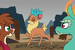 Size: 1800x1200 | Tagged: safe, artist:thescornfulreptilian, arizona (tfh), tianhuo (tfh), velvet (tfh), cow, deer, dragon, hybrid, longma, reindeer, them's fightin' herds, arizona is not amused, community related, narcissism, proud, smug, this will end in pain, tianhuo is not amused, unamused