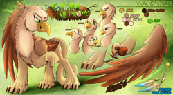 Size: 1750x967 | Tagged: safe, artist:jamescorck, oc, oc only, oc:shatara, griffon, claws, female, open mouth, paw pads, paws, pointing, pointing down, reference sheet, solo
